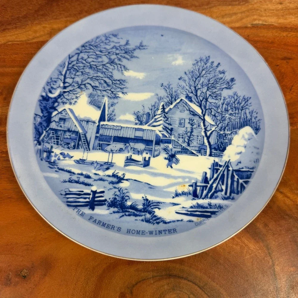 Currier & Ives The Farmers Home Winter Blue White Transferware Plate Japan
